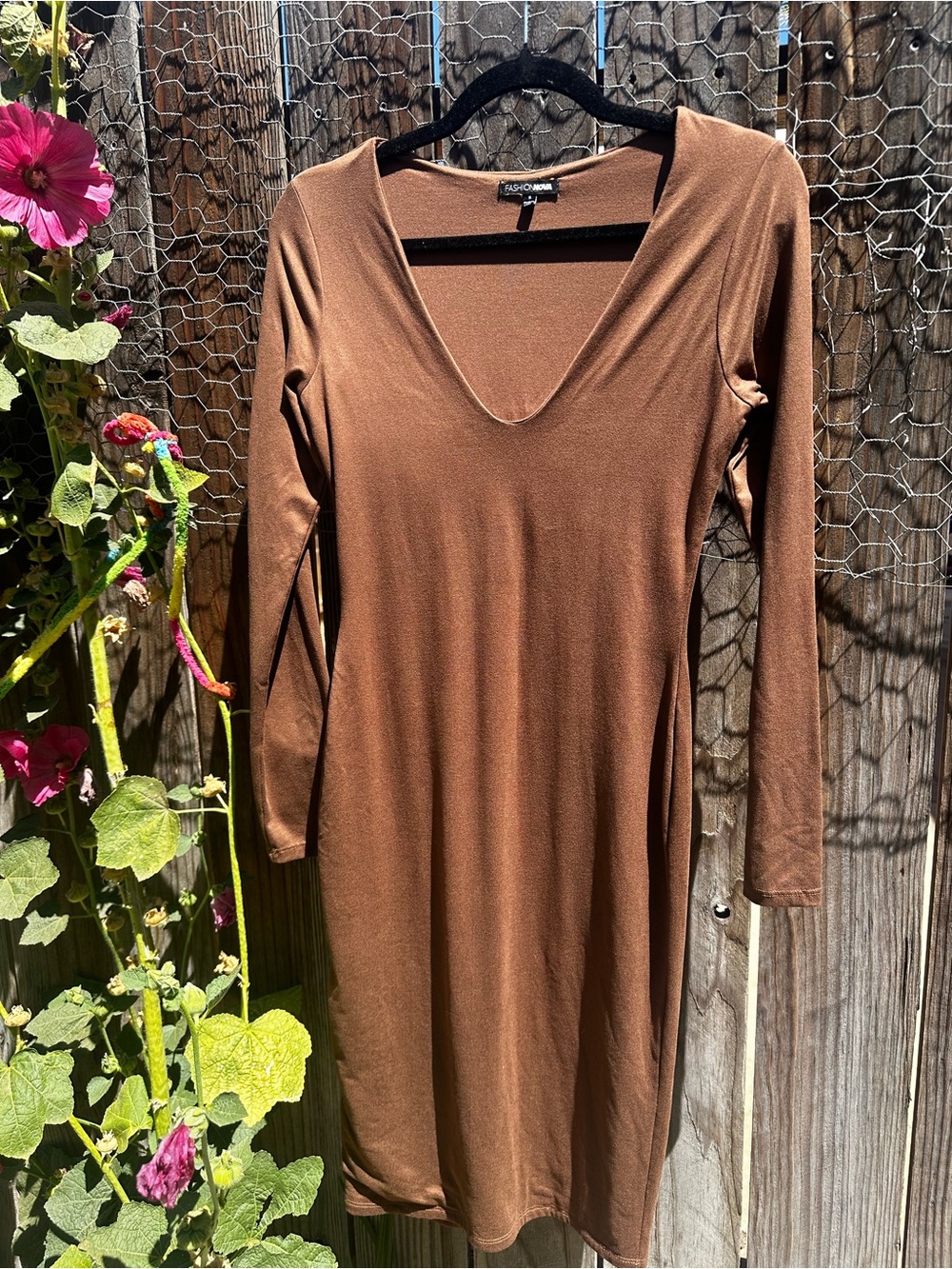 Fashion Nova Chocolate Brown Long-Sleeve V-Neck Dress